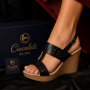 Sandale dama negre din piele naturala perforata cu toc pana S46NBOX